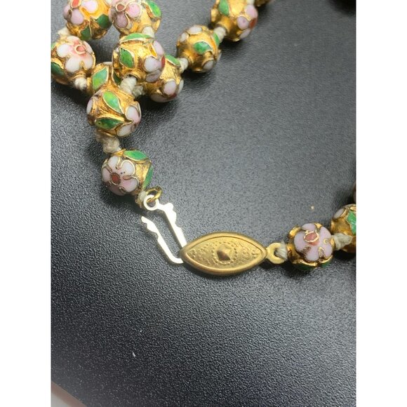 Champleve Cloissone Necklace Long Handknotted Pink Green Gold Red Colorful Beads - Picture 6 of 7